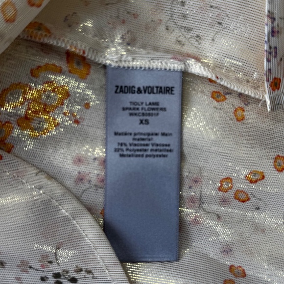 NWT Zadig & Voltaire Tioly Gold Lame Flowers Blouse Necktie Size XS 70s Boho - Picture 10 of 13